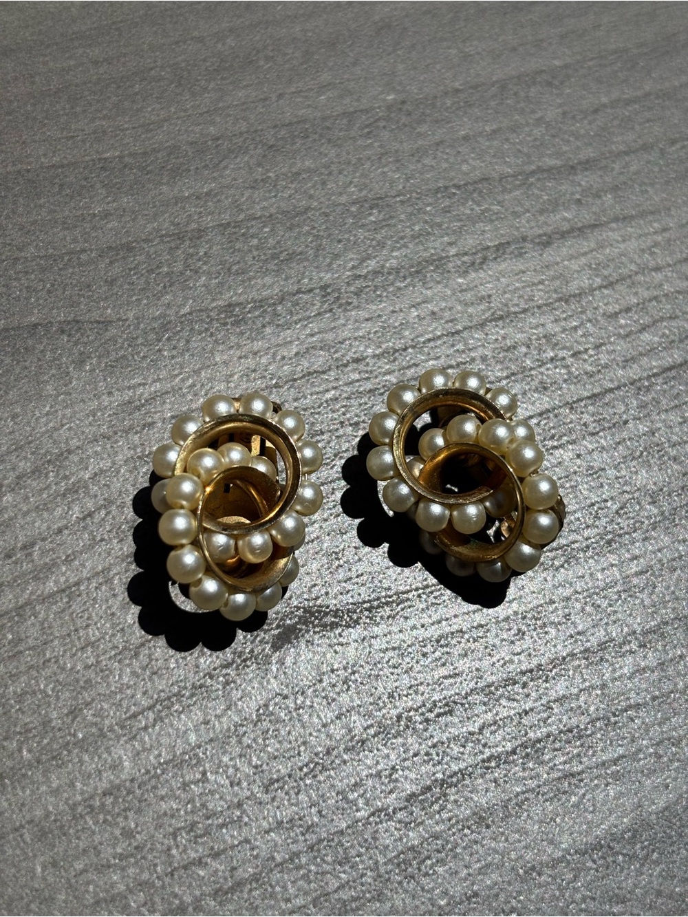Vintage 1960's Napier Faux Pearl Double Circle Clip On Earrings, Patent Pending